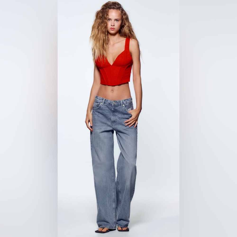 🤍 ZARA Red Tweed Effect Bustier Corset Tank Top